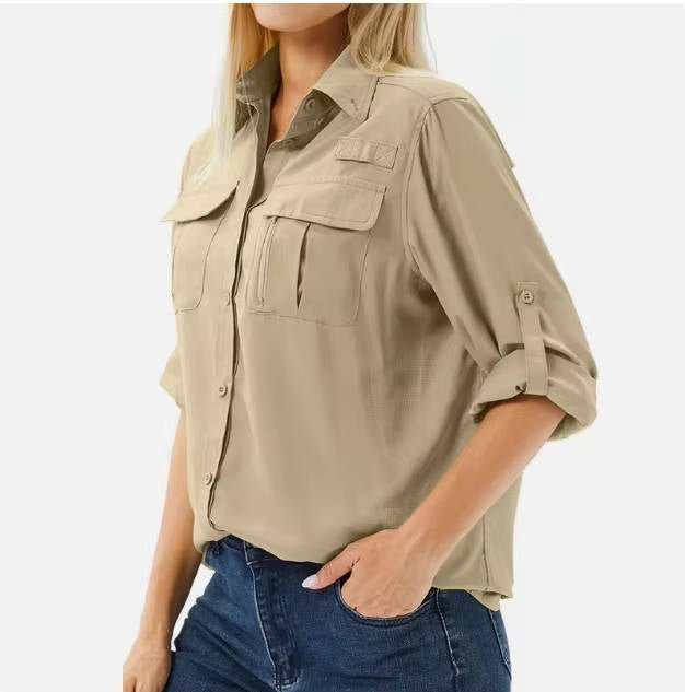 Women's UPF 50 Roll-Up Sleeve Outdoor Hiking Button-Down Shirt