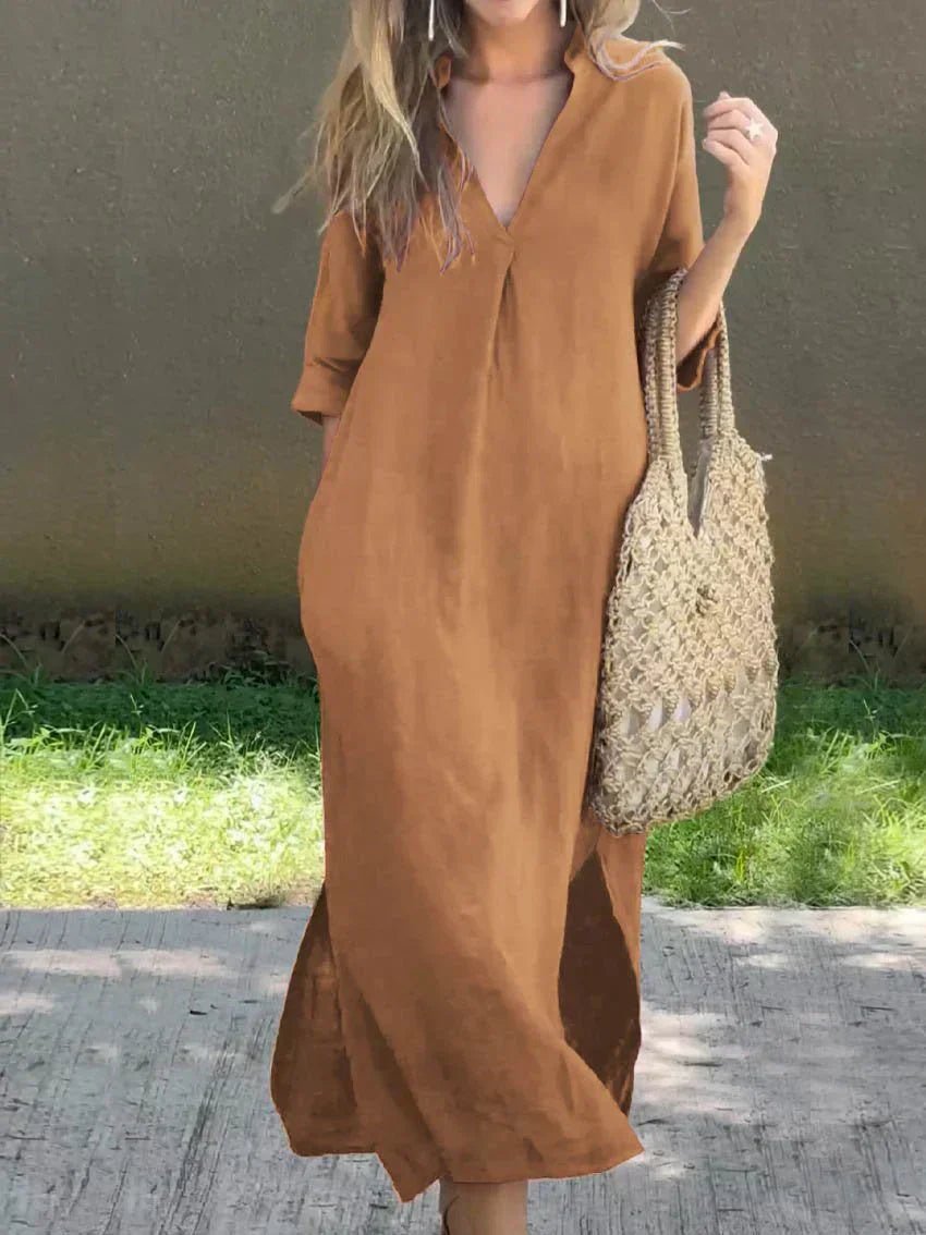 Women's V-Neck 3/4 Sleeve Relaxed-Fit Cotton Linen Maxi Dress - Brown