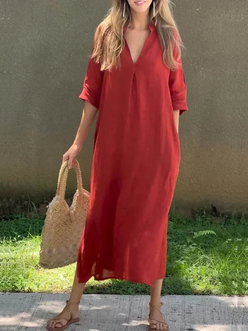 Women's V-Neck 3/4 Sleeve Relaxed-Fit Cotton Linen Maxi Dress
