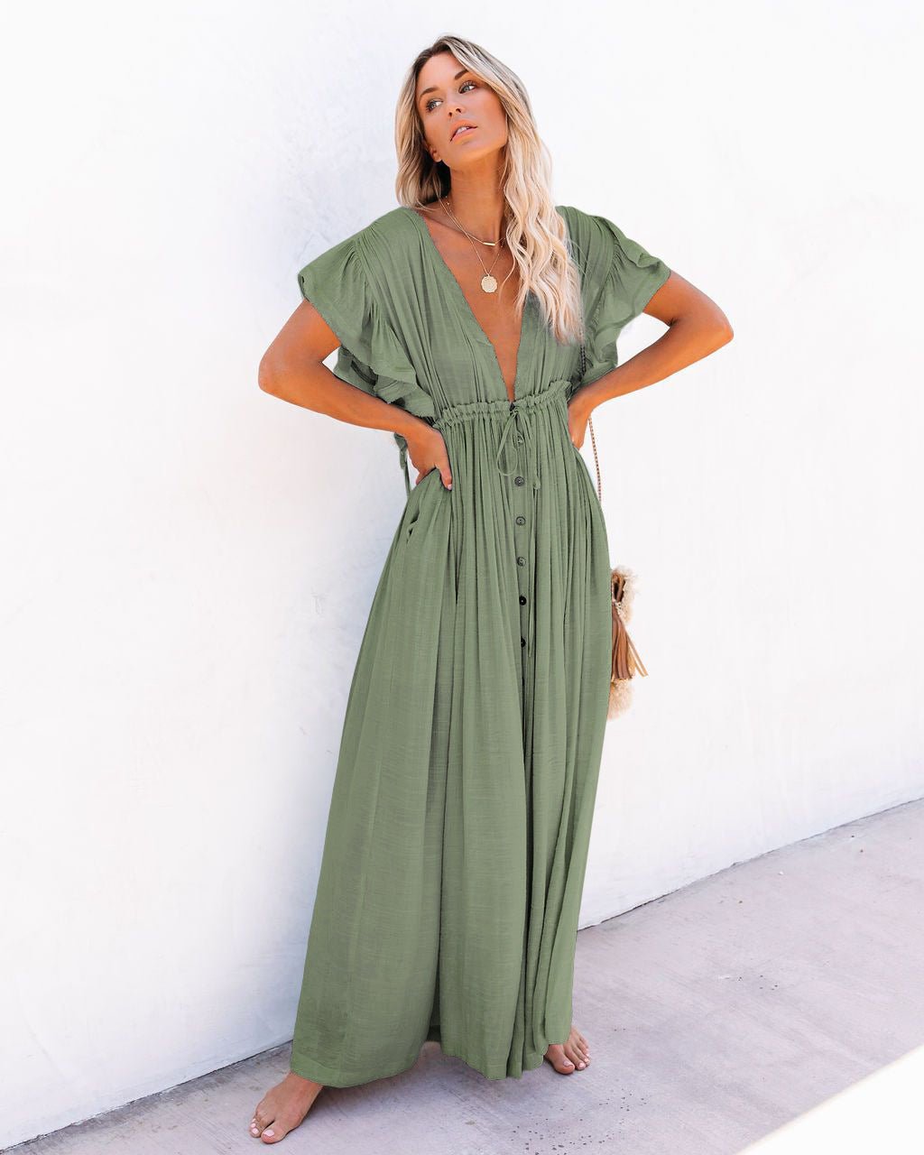 Women's V-Neck Button-Front Flutter-Sleeve Maxi Dress - Light Green