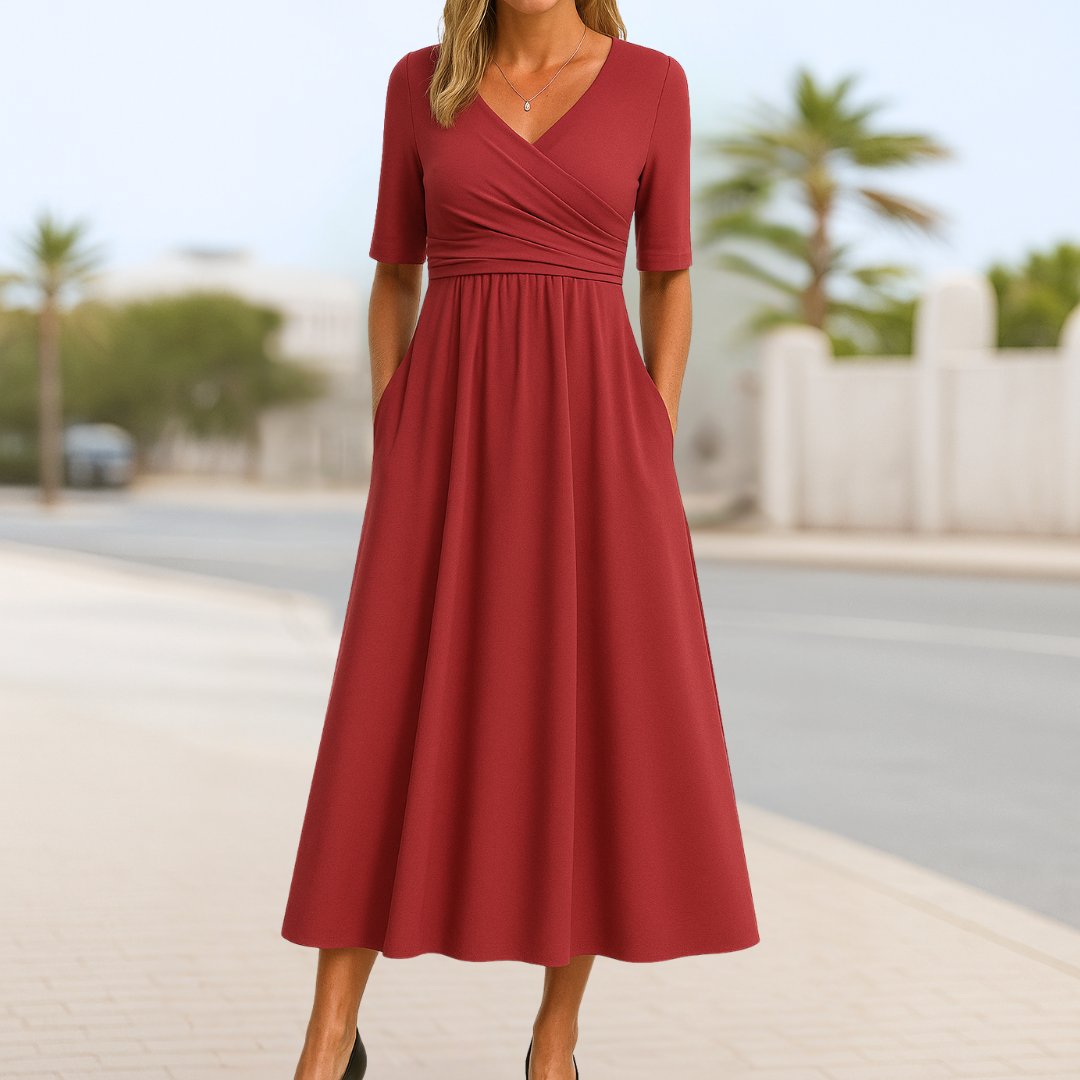 Women's V-Neck Crossover Bodice A-Line Midi Dress Short Sleeves Pockets - Red