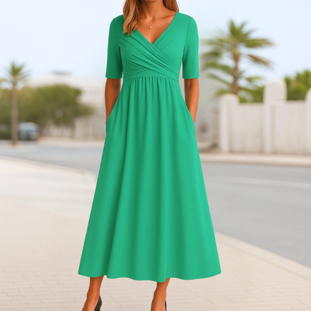 Women's V-Neck Crossover Bodice A-Line Midi Dress Short Sleeves Pockets - Green