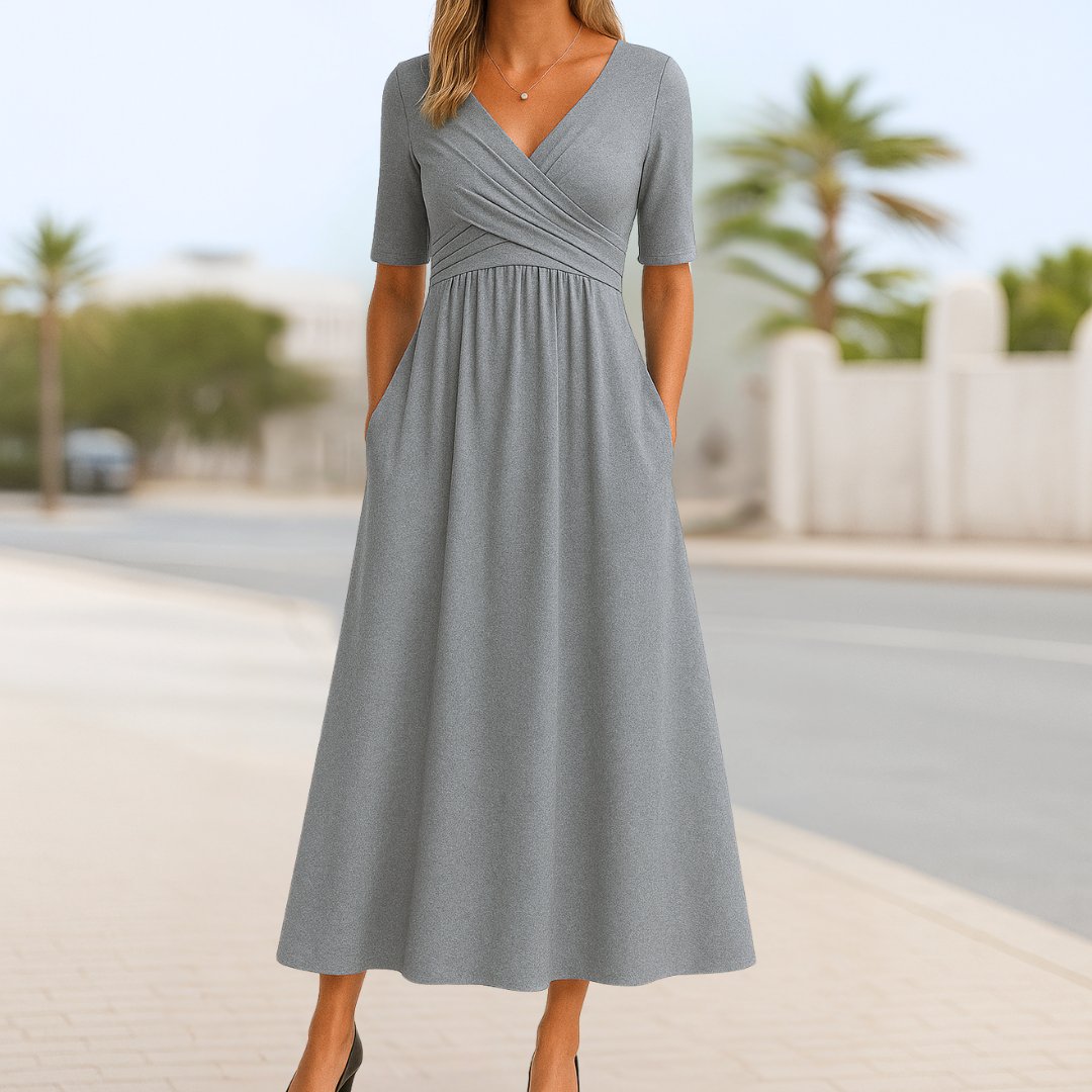 Women's V-Neck Crossover Bodice A-Line Midi Dress Short Sleeves Pockets - Gray