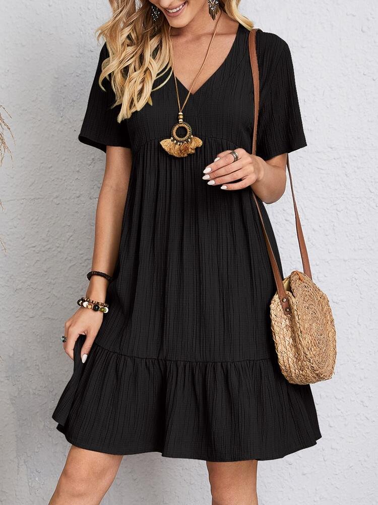 Women's V-Neck Short Sleeve Babydoll Tiered Swing Dress - Black