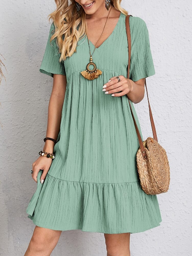 Women's V-Neck Short Sleeve Babydoll Tiered Swing Dress - Light Green