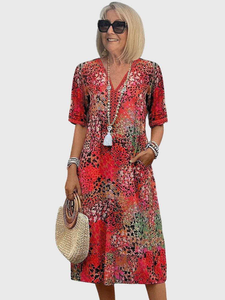 Women's V-Neck Short-Sleeve Floral Print Midi Swing Dress - Rood