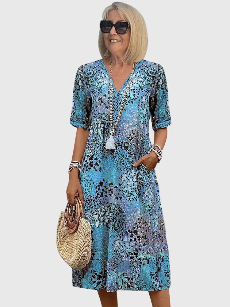 Women's V-Neck Short-Sleeve Floral Print Midi Swing Dress - Blauw