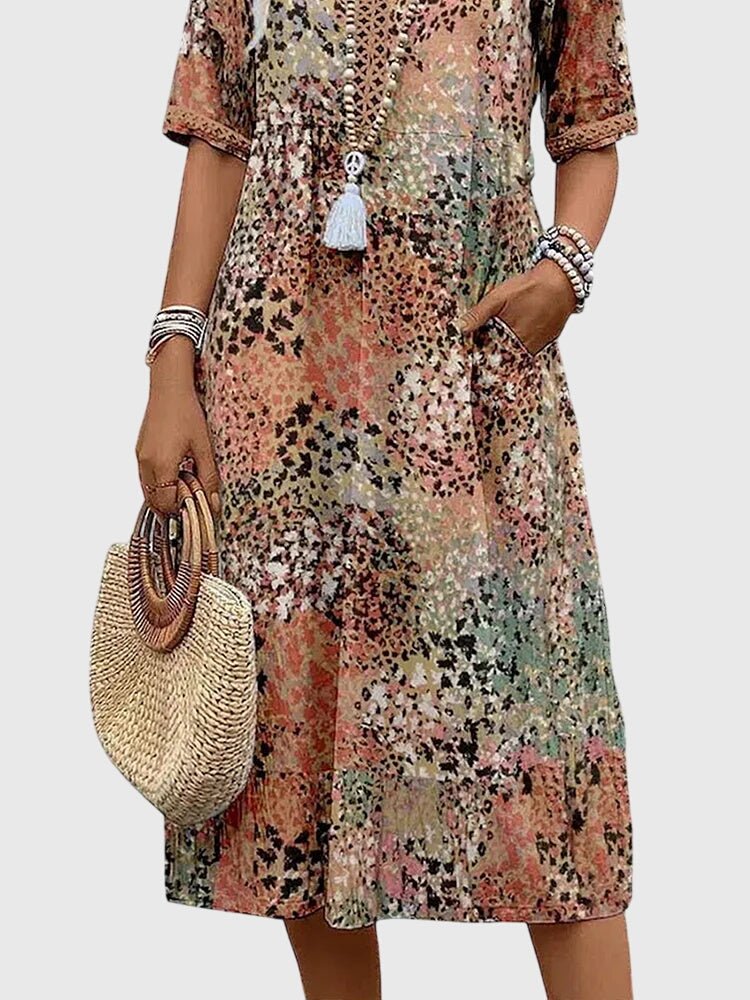 Women's V-Neck Short-Sleeve Floral Print Midi Swing Dress