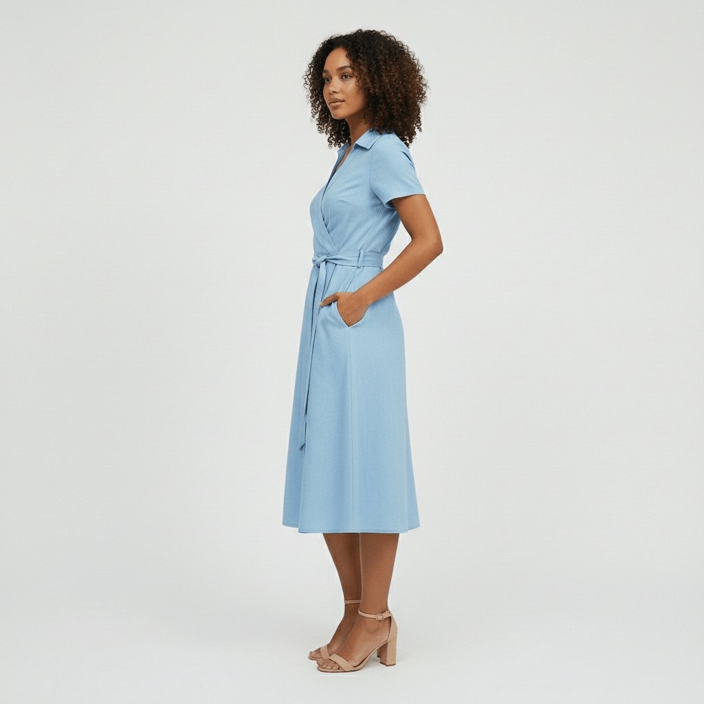 Women's V-Neck Wrap-Style A-Line Midi Dress Waist Tie