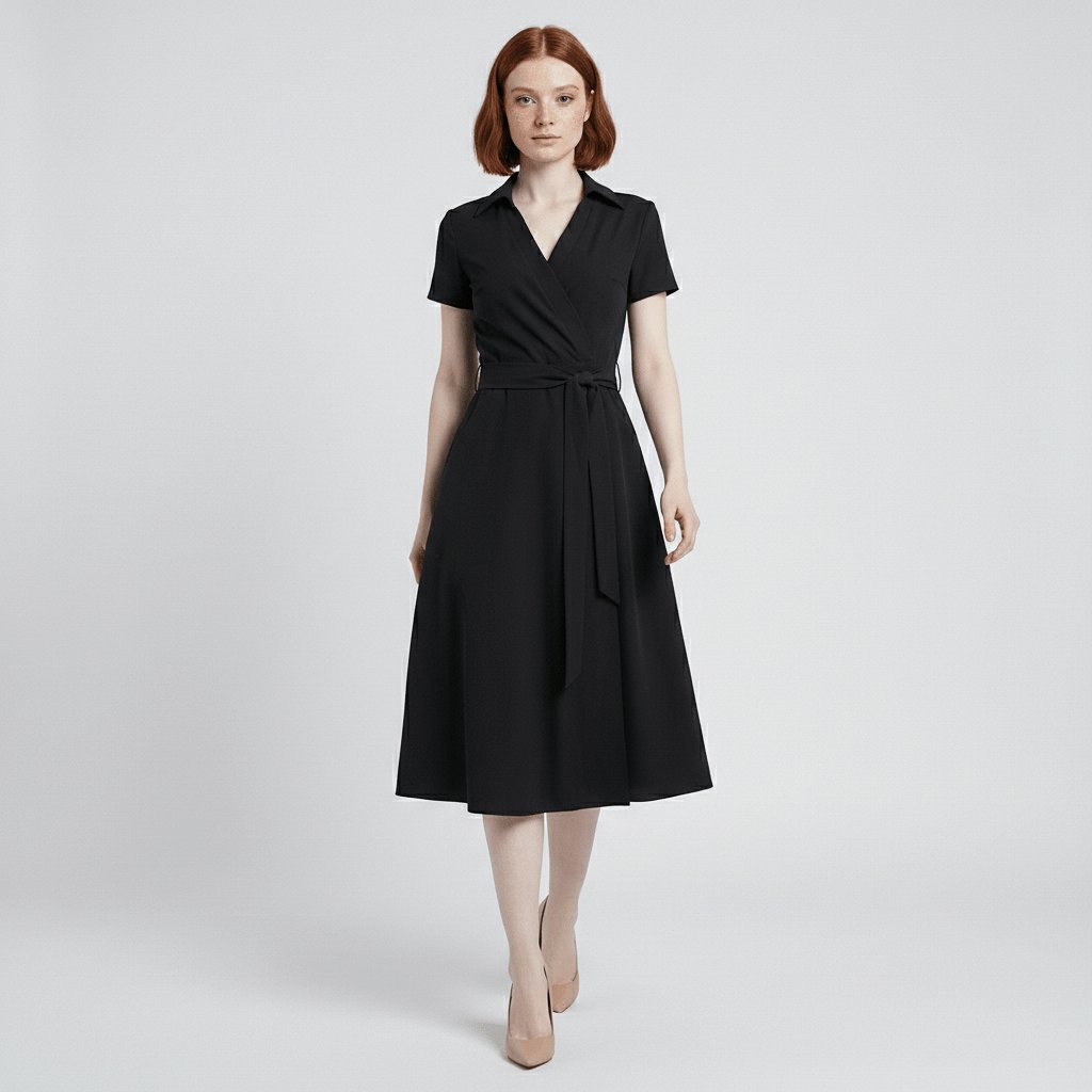 Women's V-Neck Wrap-Style A-Line Midi Dress Waist Tie