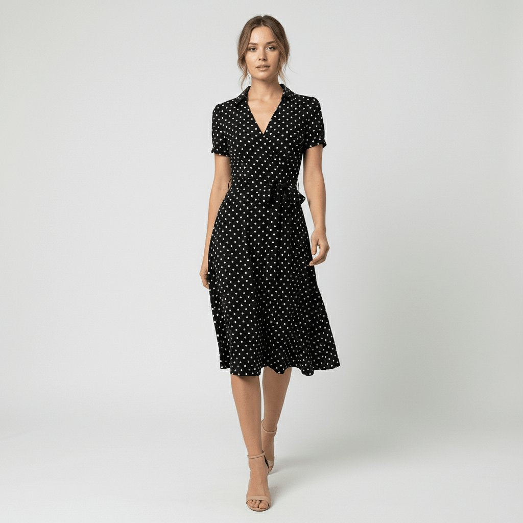 Women's V-Neck Wrap-Style A-Line Midi Dress Waist Tie