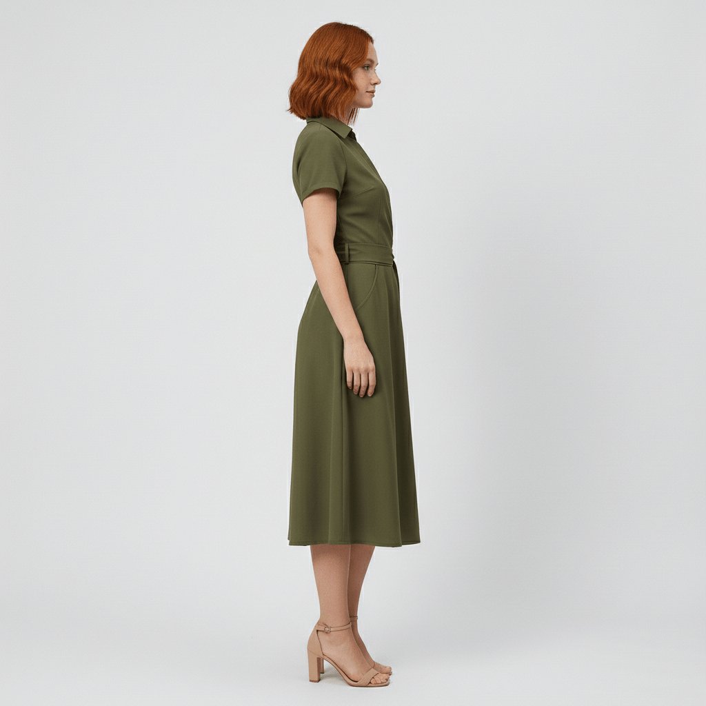 Women's V-Neck Wrap-Style A-Line Midi Dress Waist Tie
