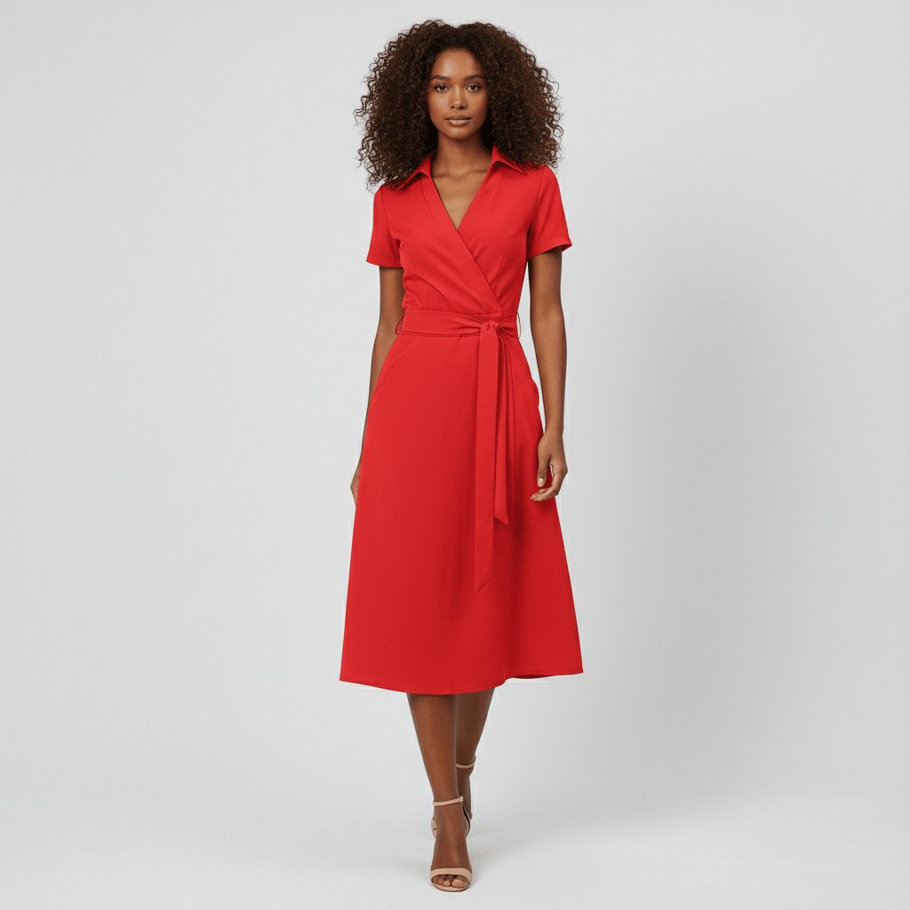 Women's V-Neck Wrap-Style A-Line Midi Dress Waist Tie - Classic Red