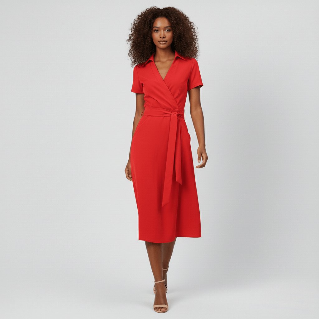 Women's V-Neck Wrap-Style A-Line Midi Dress Waist Tie