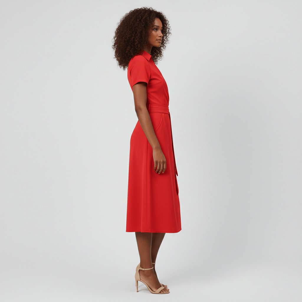 Women's V-Neck Wrap-Style A-Line Midi Dress Waist Tie