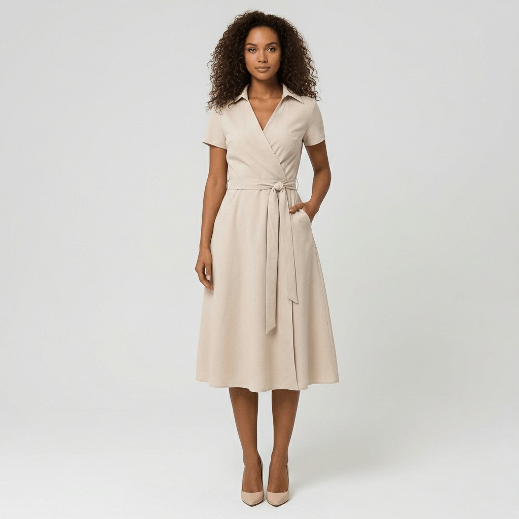 Women's V-Neck Wrap-Style A-Line Midi Dress Waist Tie - Pale Beige