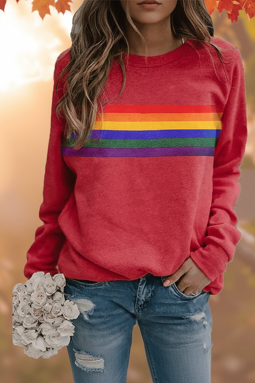 Women's Vintage Rainbow Striped Relaxed-Fit Crew Neck Sweatshirt - Red