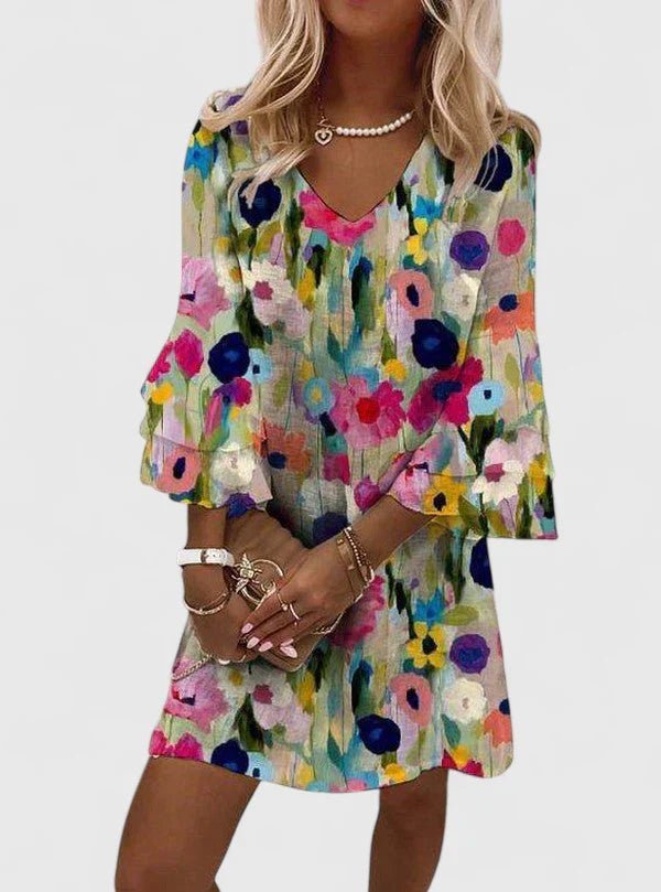 Women's Watercolor Floral V-Neck Ruffle-Sleeve Mini Shift Dress - Multicolored