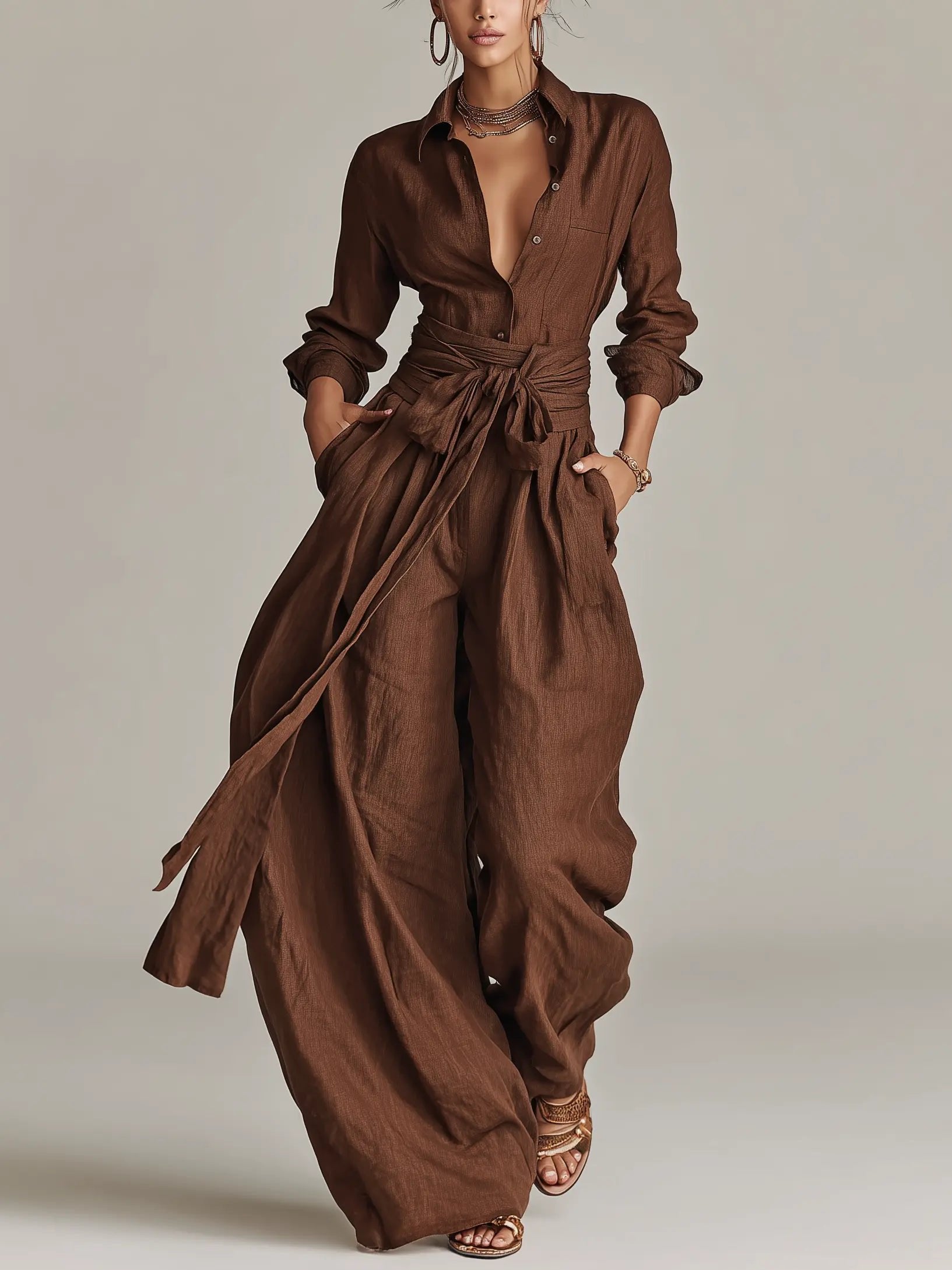 Women's Wide-Leg Cotton-Linen Belted Shirt Collar Jumpsuit - Brown