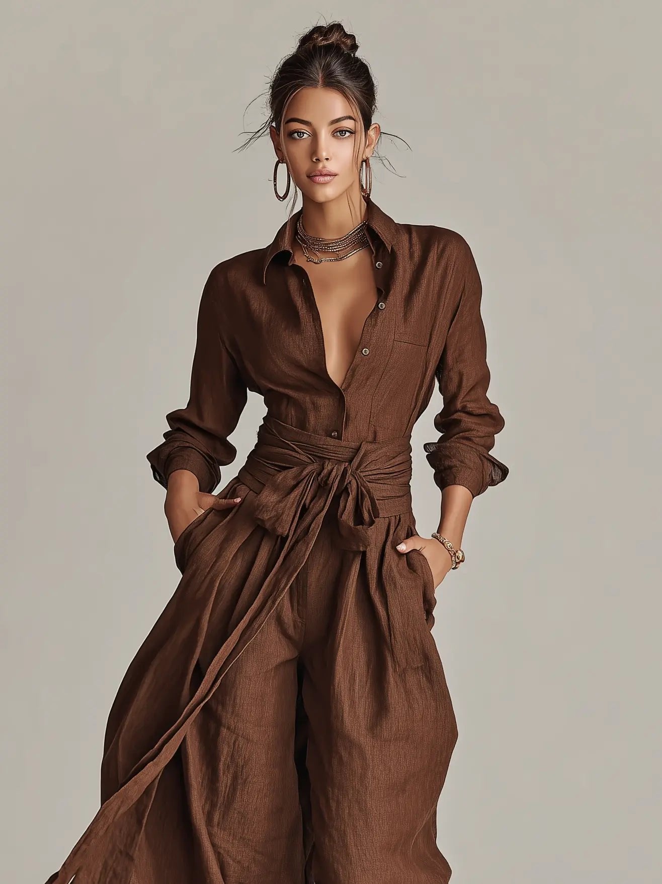 Women's Wide-Leg Cotton-Linen Belted Shirt Collar Jumpsuit