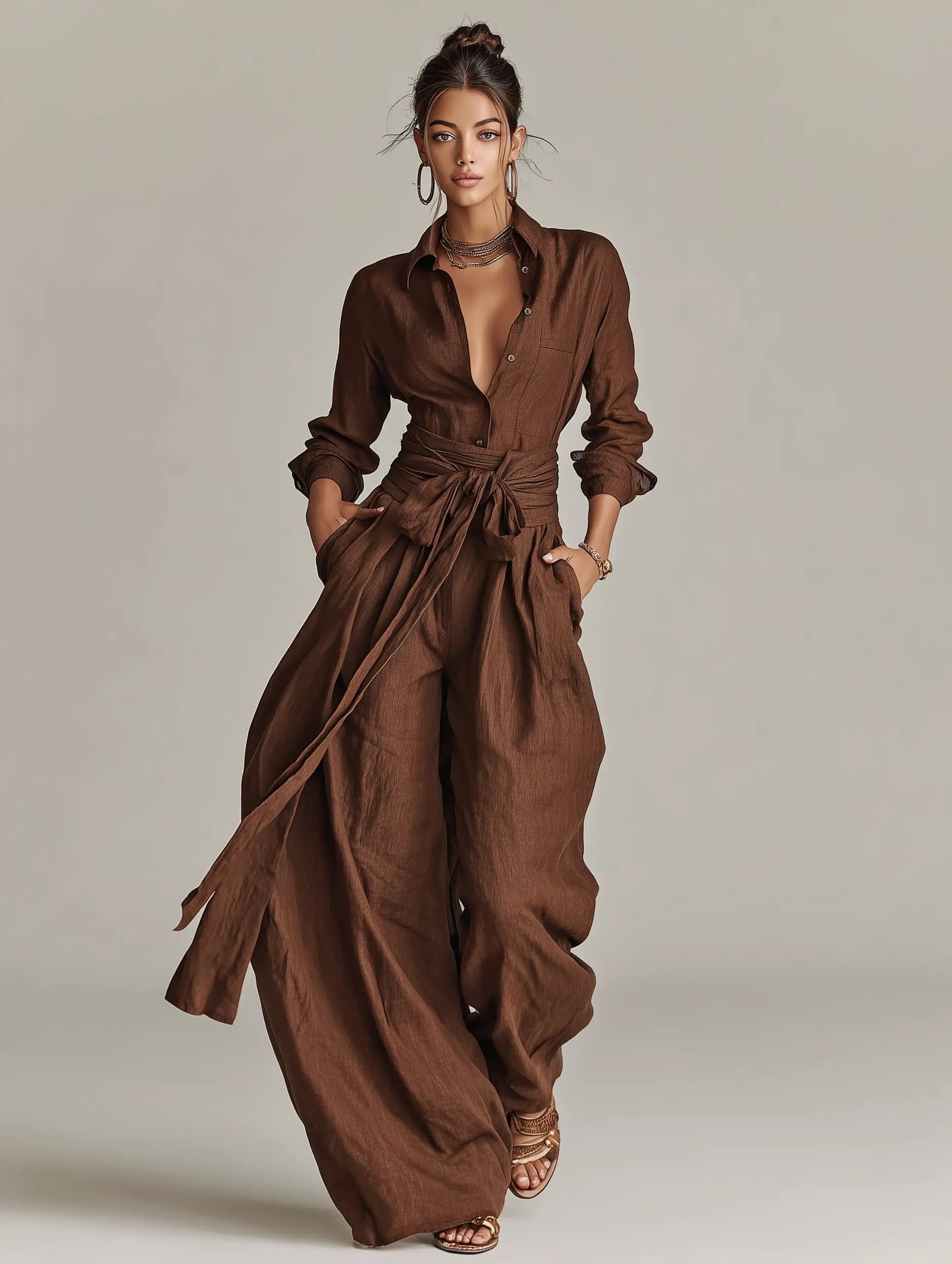 Women's Wide-Leg Cotton-Linen Belted Shirt Collar Jumpsuit
