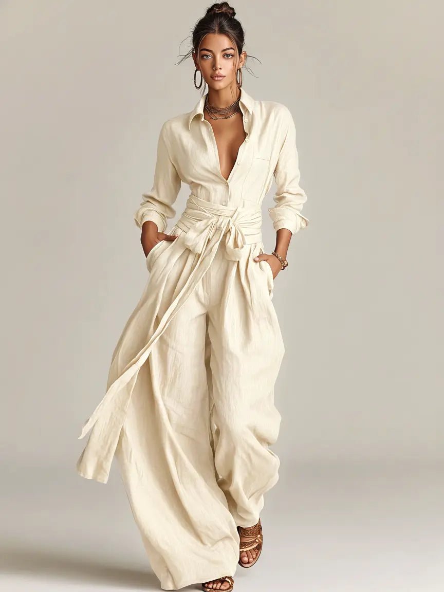 Women's Wide-Leg Cotton-Linen Belted Shirt Collar Jumpsuit - White