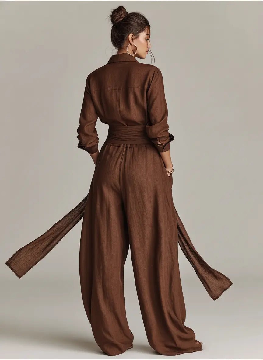Women's Wide-Leg Cotton-Linen Belted Shirt Collar Jumpsuit