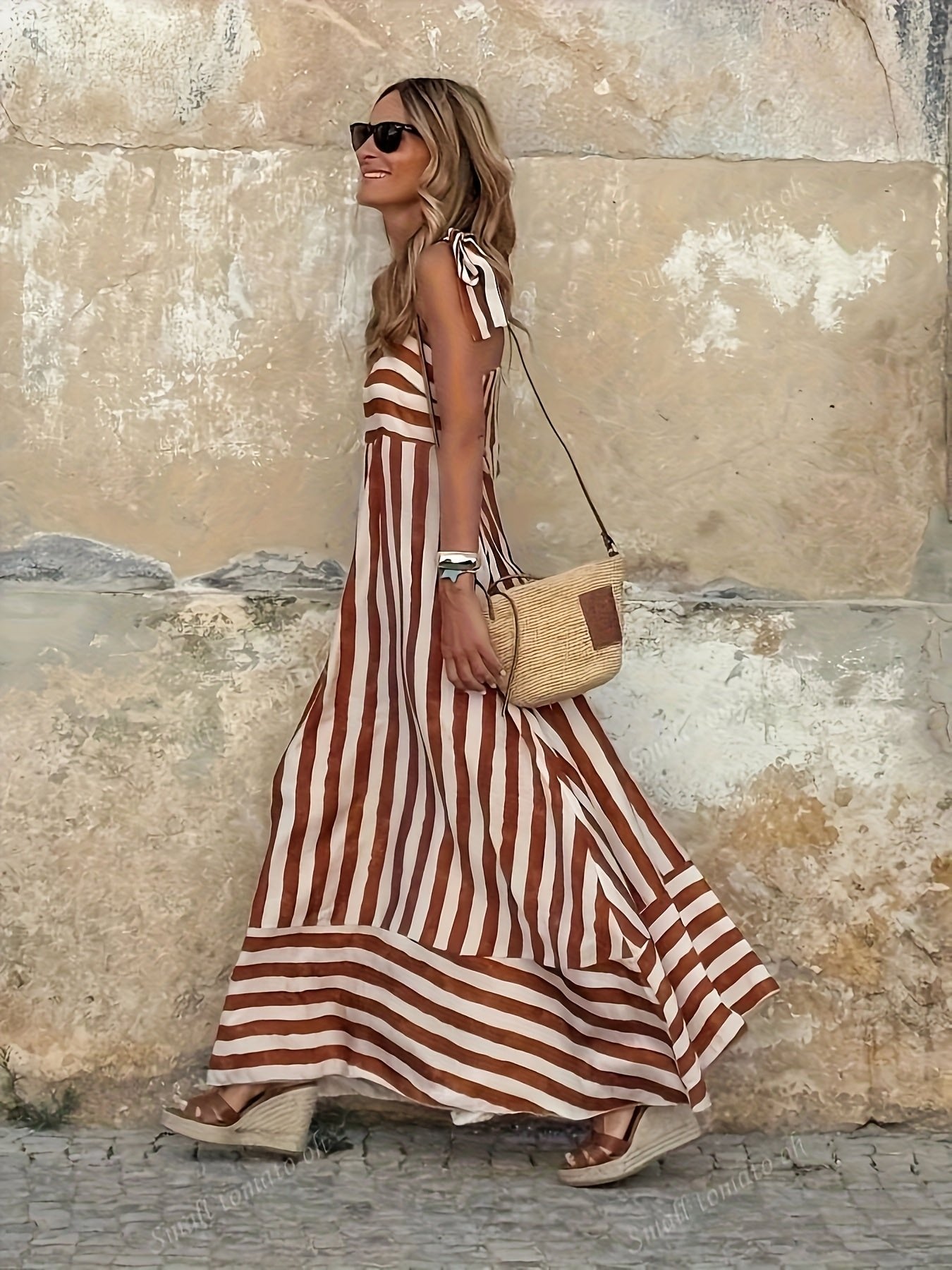 Women's Wide-Stripe Tie-Strap Flowy Maxi Dress