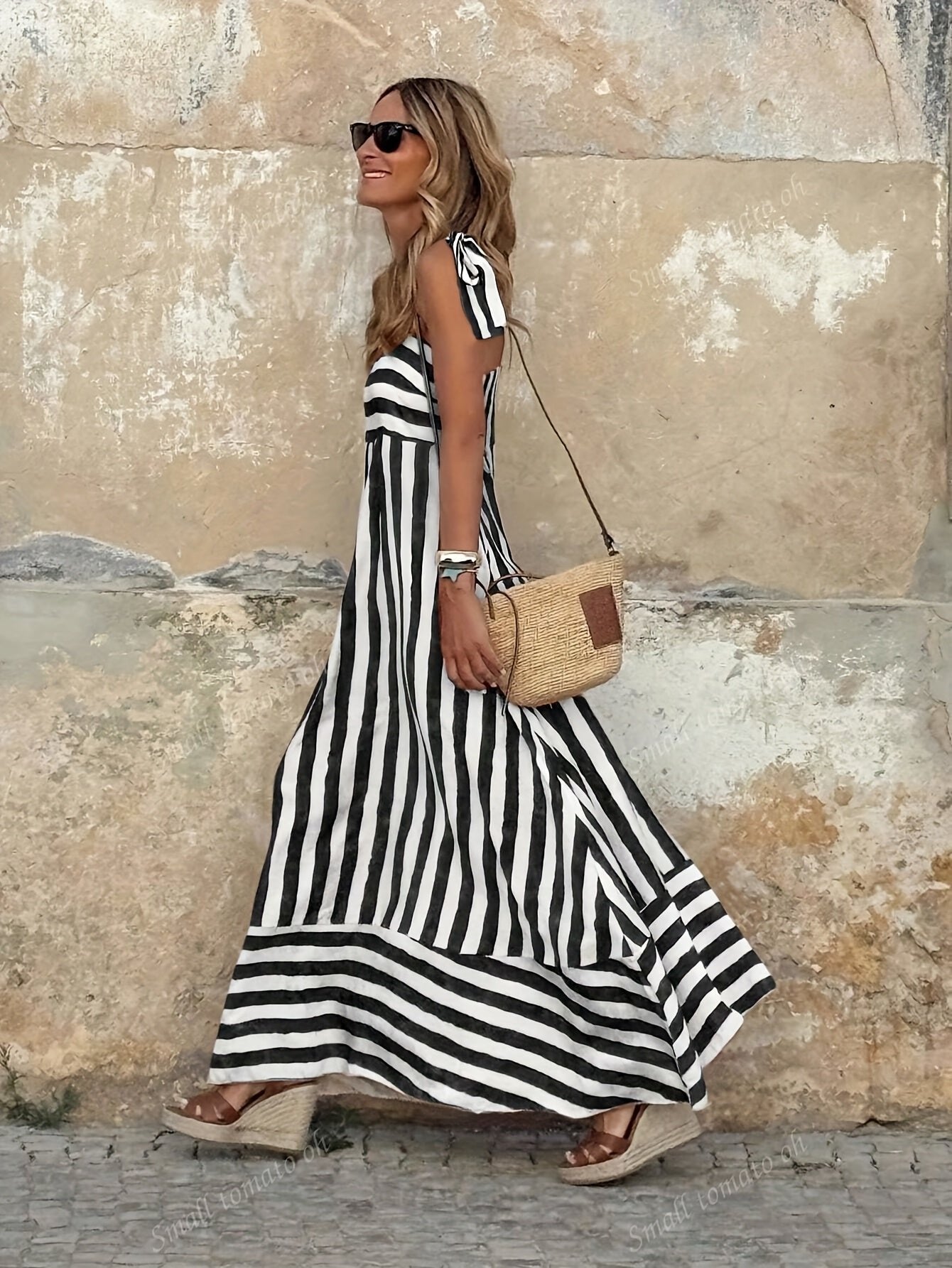 Women's Wide-Stripe Tie-Strap Flowy Maxi Dress