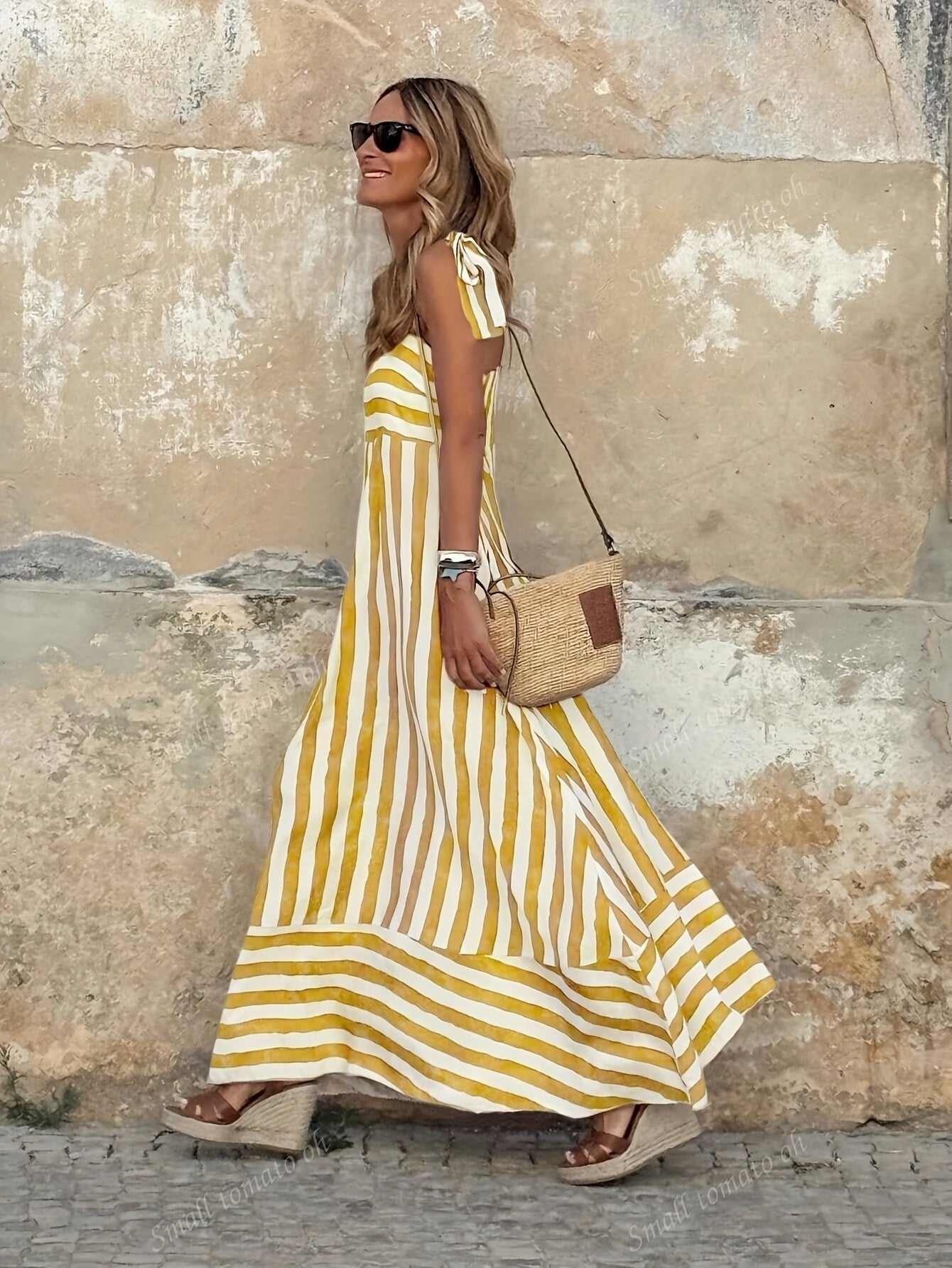 Women's Wide-Stripe Tie-Strap Flowy Maxi Dress
