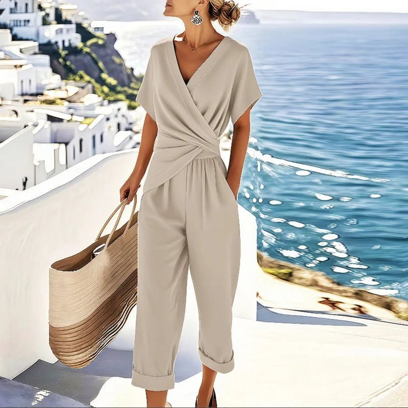 Women's Wrap-Front V-Neck Short Sleeve Relaxed Tapered Jumpsuit - Apricot