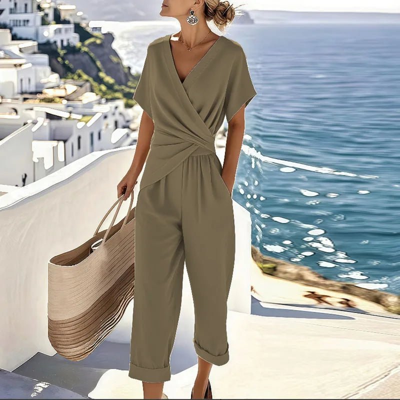 Women's Wrap-Front V-Neck Short Sleeve Relaxed Tapered Jumpsuit - Khaki